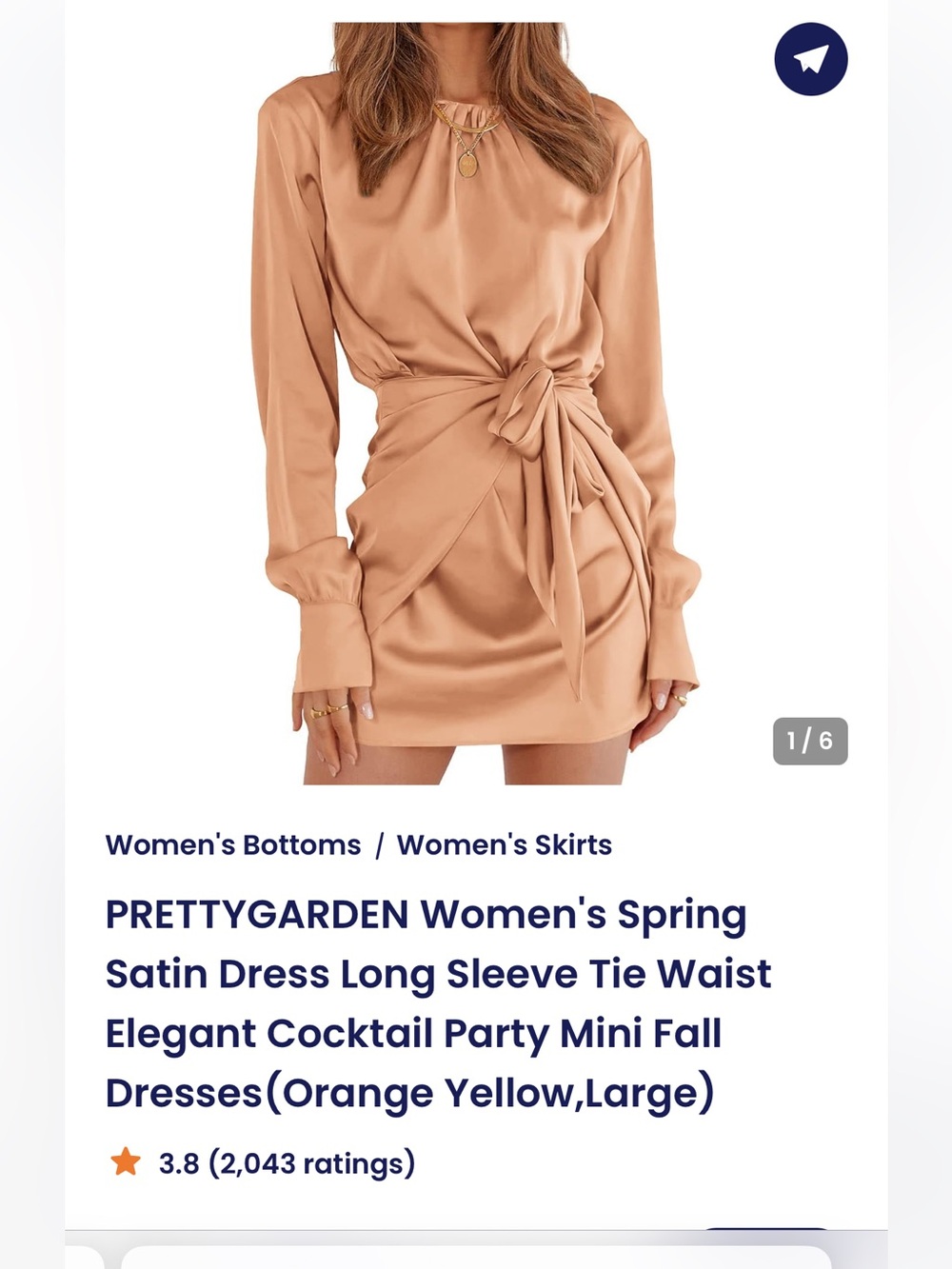 Pretty Garden Women’s Tie-Waist Long Sleeve Satin Dress in Cappucino - Picture 3 of 12